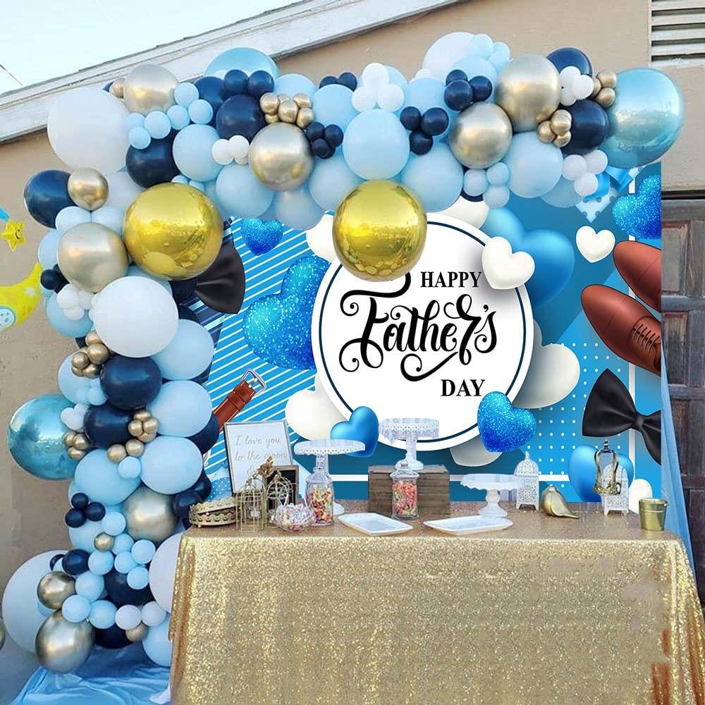 Happy Father's Day Backdrop Blue White Heart Stripe Tie Father's Day Party Background I Love Dad Thank You Daddy Man Festival Family Photography Decoration Supplies 7x5FT 4