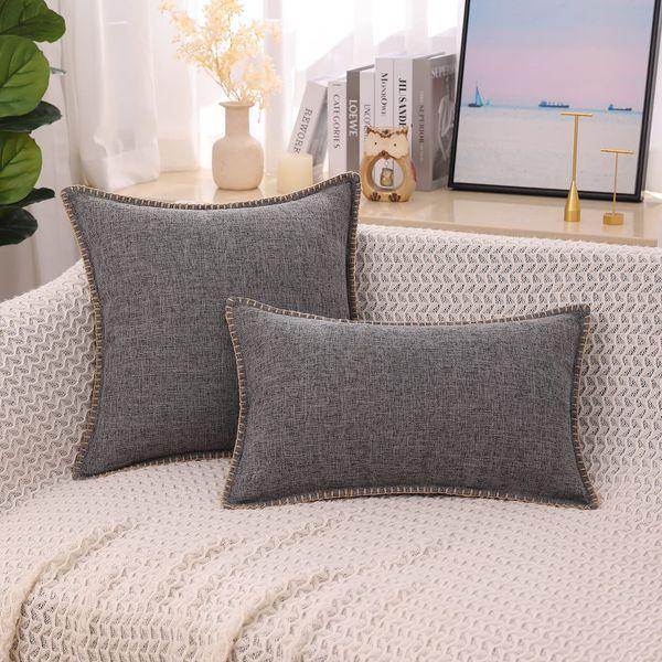 decorUhome Set of 2 Linen Cushion Covers 60X60cm, Decorative Outdoor Plain Vintage Cushion Covers with Stitched Edges, large Square Farmhouse Neutral Pillow case 24x24 Inch for Sofa, Dark Grey 4