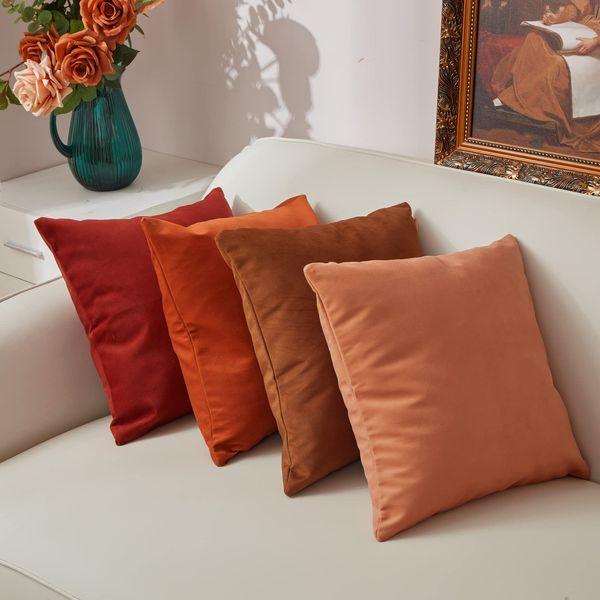 Tayis Velvet Cushion Covers 45 x 45 cm Set of 4 Soft Decorative Square Pillow Covers Washable Dirt Resistant Throw Pillow Cases for Sofa Couch Living Room Bedroom 18x18 Inches - Camel Brown 1