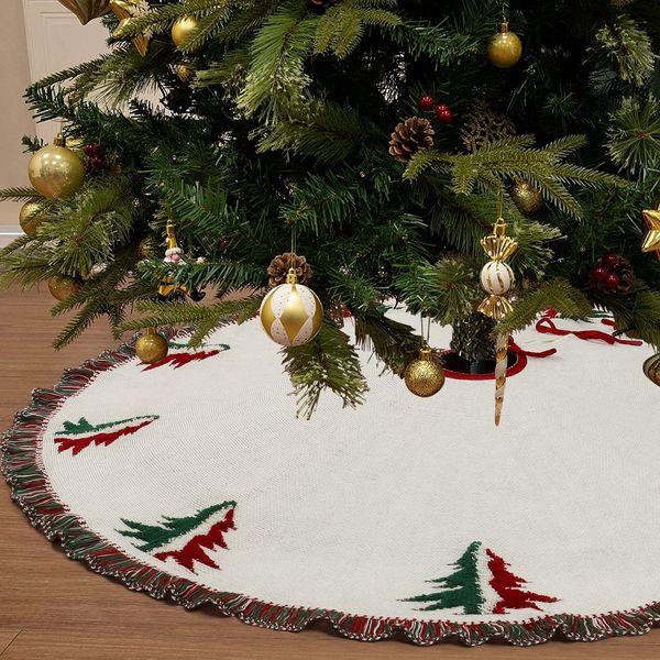 Dremisland Large Christmas Tree Skirt, 48 inches Heavy Yarn Base Cover 3D Knitted Xmas Tree Pattern with Tricolor Tassel Crochet White Tree Skirt Mat for Home Party Holiday Decoration 0