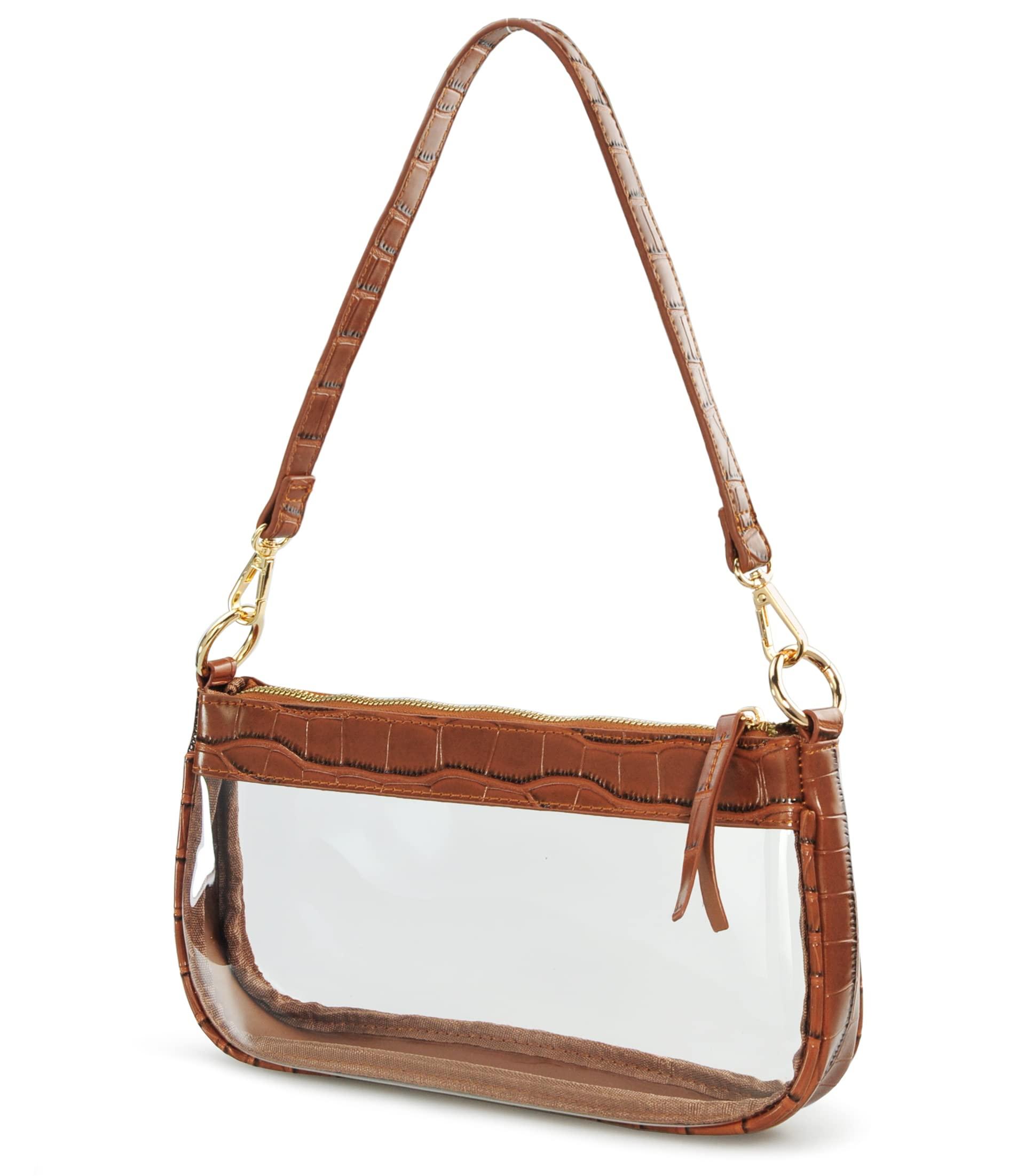 Clear Shoulder Handbag PVC Classic 90s Purse Women Vegan Leather Crocodile Corssbody Bag, Brown, M