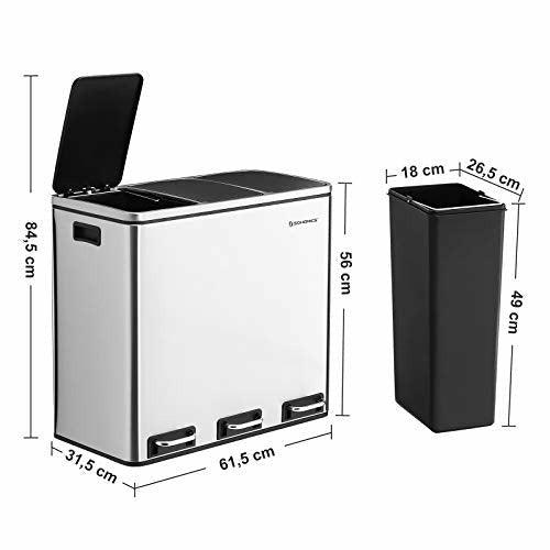 SONGMICS Recycling Bin, Triple Trash Can, 3 x 18L, Pedal Bin with 3 Compartments, Soft-Close Lids, Plastic Inner Buckets and Carry Handles, Silver-Black LTB54NL 3