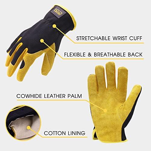 AIGEVTURE Men's Leather Gardening Gloves Work Gloves Cowhide Leather,Flexible Breathable Spandex,Thorn Proof Gardening Gloves,Abrasion Resistant 4