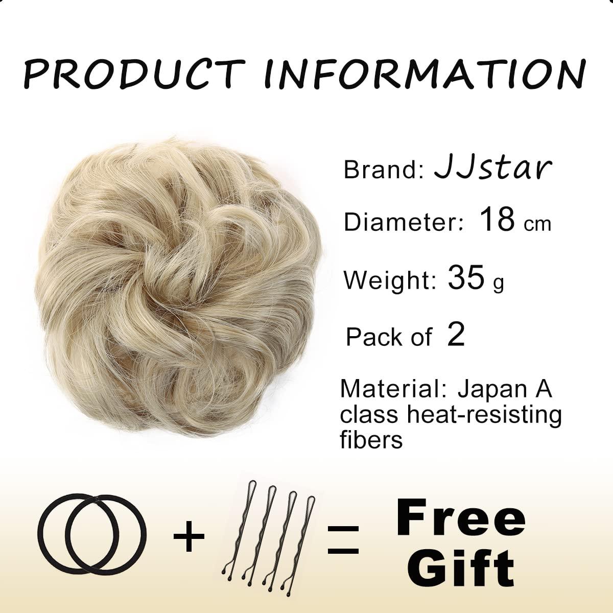 JJstar 2PCS Messy Bun Hair Piece Curly Fake Hair Buns Donut Tousled Updo High Heat Resistant Synthetic Fiber Hair Scrunchies Pieces for Women Girls Ponytail Extension(Pale Ash Blonde) 2