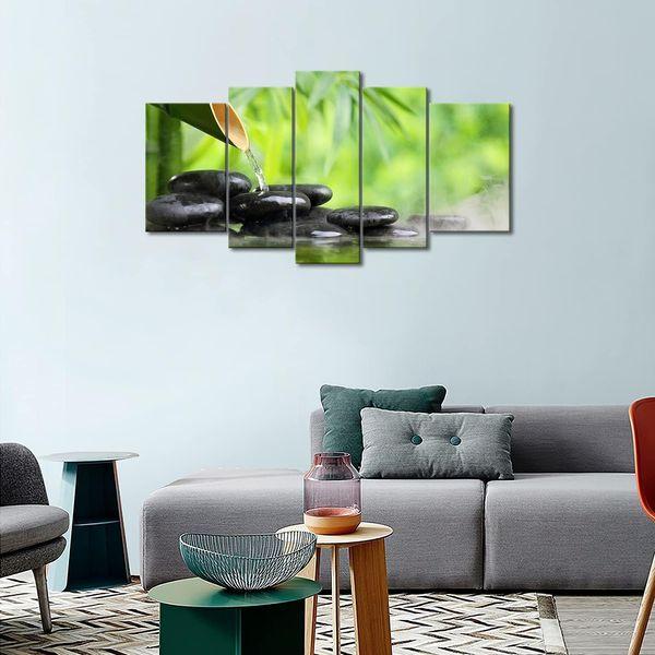 5 Panel Wall Art Green Spa Still Life With Bamboo Fountain And Zen Stone In Water Painting The Picture Print On Canvas Botanical Pictures For Home Decor Piece Stretched By Wooden Frame Ready To Hang 1