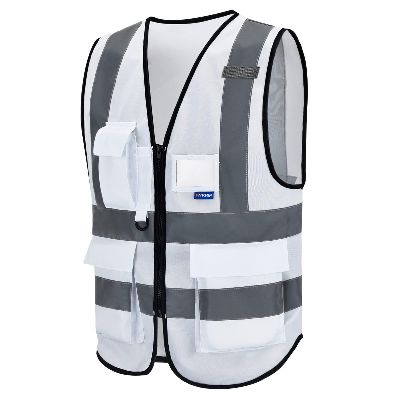 AYKRM Reflective vest white high viz Class 2 hi vis Zipper Front High Visibility vest Hi Vis Executive Vest Waistcoat with Phone & ID Pockets 0