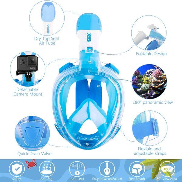 ORSEN Newest Version Snorkel Mask Foldable 180Â° Panoramic View Free Breathing Full Face Snorkeling Mask with Detachable Camera Mount, Dry Top Set Anti-fog Anti-leak for Adults & Kids 3