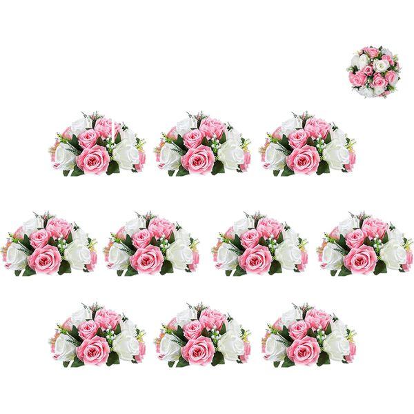 BLOSMON Flower Centerpieces for Tables Wedding 10 Pcs Fake Flowers Rose Arrangement Bouquet Floral Centerpiece Balls Pink & White Artificial Wedding Center Pieces of Valentines Day Home Party Decor