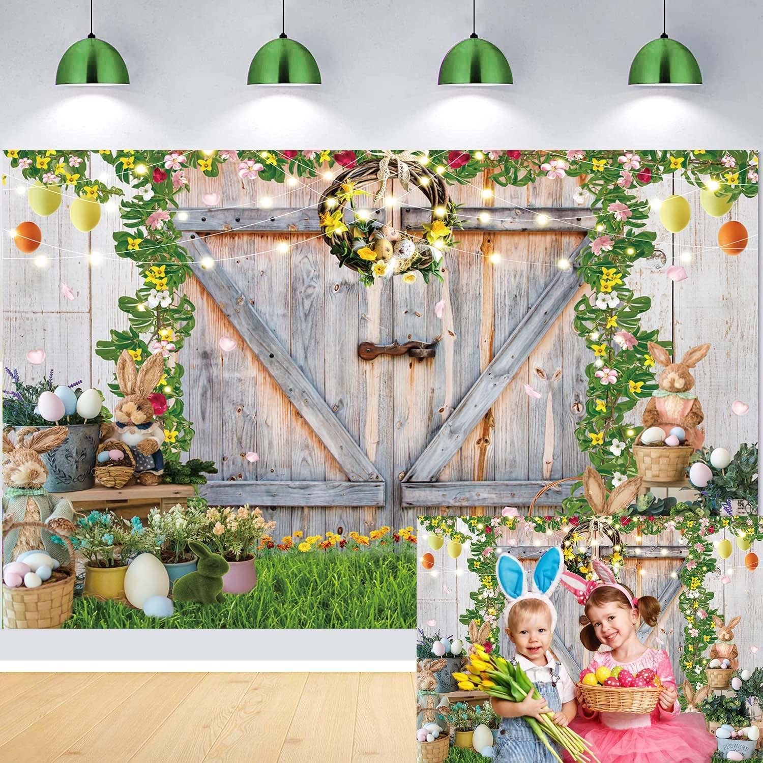 8x6ft Easter Backdrop Spring Garden Rabbit Eggs Photography Background Rustic Wooden Barn Door Floral Grass Bunny Stand Decoration Pary Supplies Baby Shower Banner Background 0