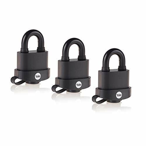 Yale Y220B/51/118/3 - 3 Pack of Black Weatherproof Padlocks with Protective Cover (51 mm) - Outdoor Hardened Steel Shackle Locks for Shed, Gate, Chain - Keyed Alike - High Security - Multipack 0