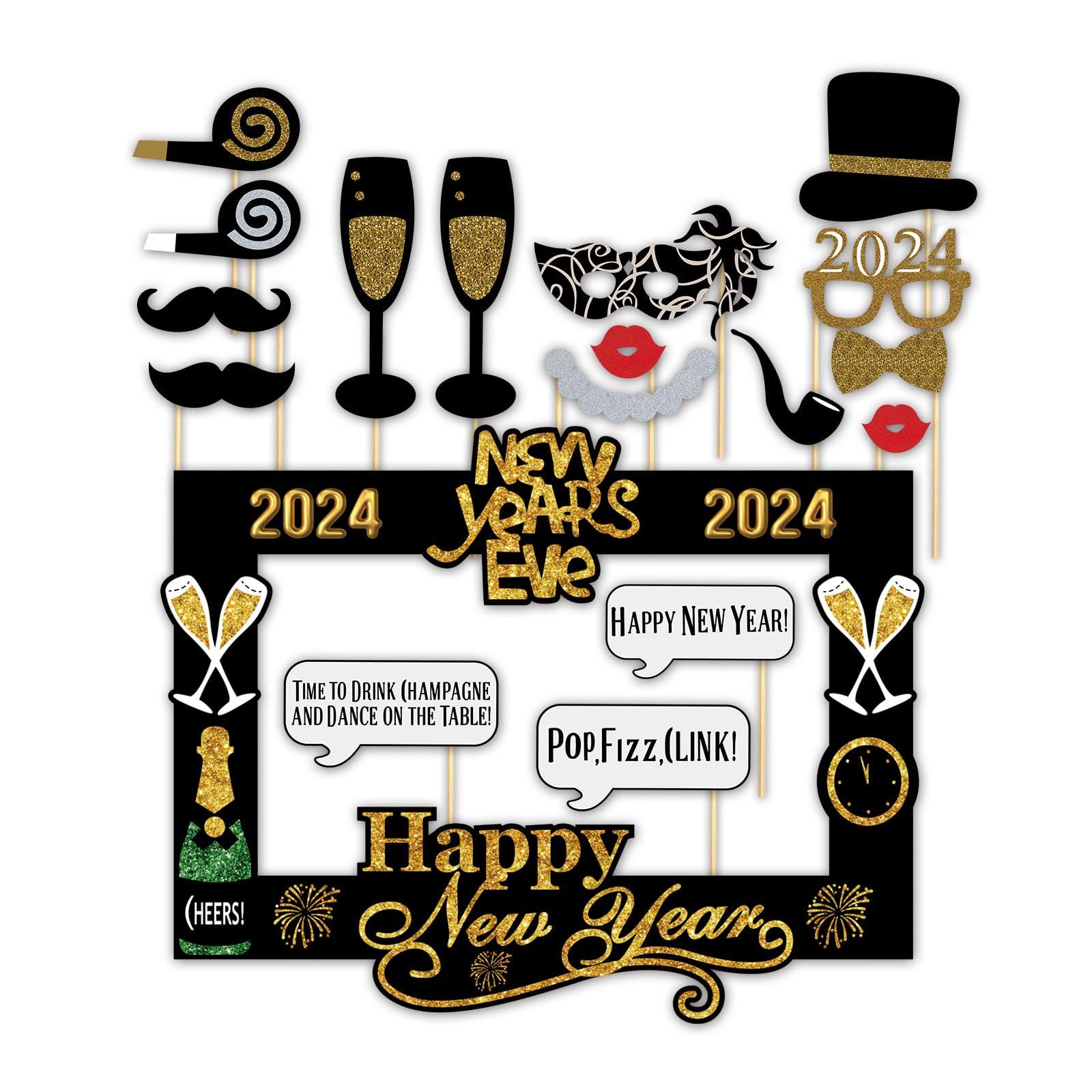 SWSATYW 2024 Happy New Year's Eve Party Photo Booth Props Decoration with Card Frame(Pack of 18)