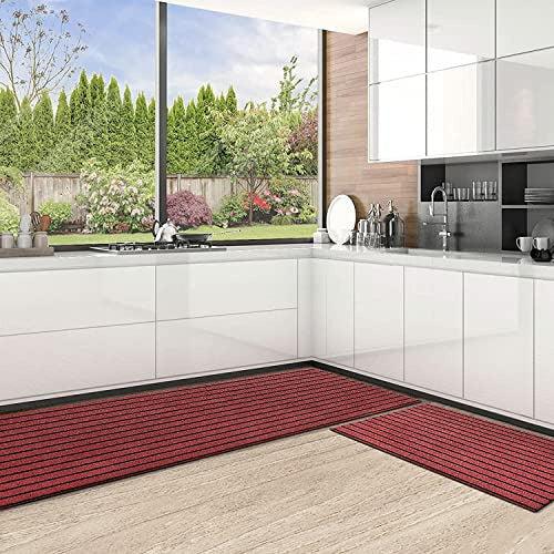 Color&Geometry 2 Piece Narrow Runner Non-slip Kitchen Mats Set, Barrier Rugs with Rubber Backed, Absorbent, Washable Carpet for Hallway, Hall, Kitchen, Entrance (44 x 75 cm + 44 x 100 cm,Red) 0