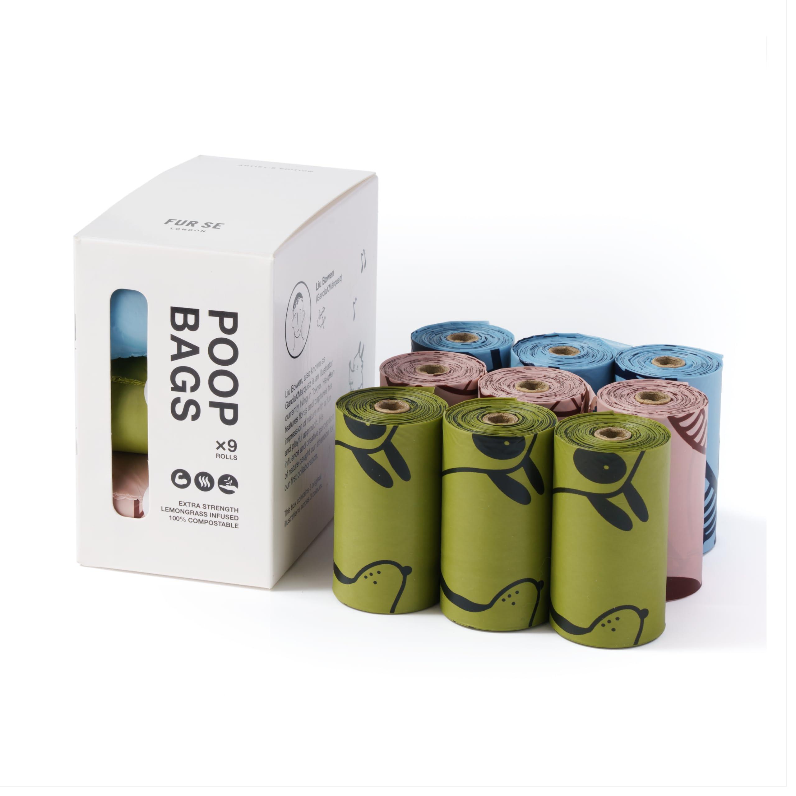 Dog Poop Bags 100% Compostable by FUR SE | 135 bags, 9 rolls of 15 | Scented with Lemongrass Oil, XL and Strong, Artist's Illustrations, Water Proof, Dog Waste Bags, Dispenser Compatible 0