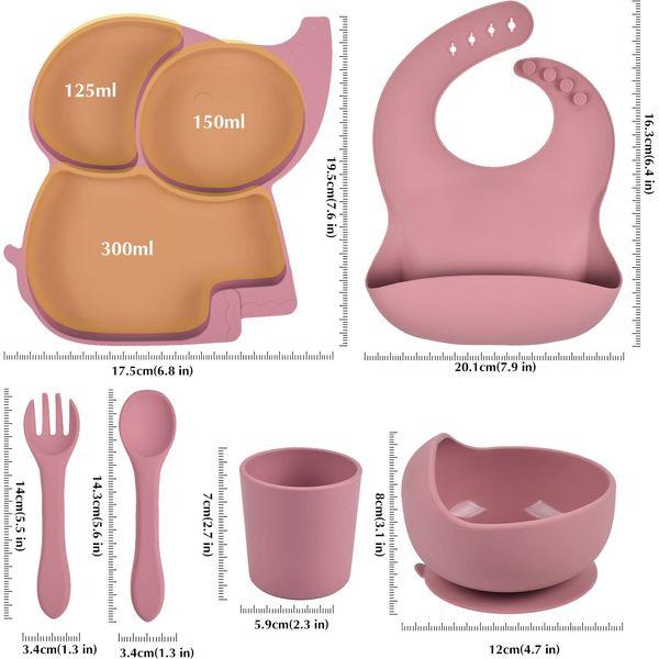 Hoseay Baby Weaning Set, 6 Pcs Silicone Baby Feeding Set with Suction Bowl Plate Fork Spoon Cup Bib Baby Led Weaning Feeding Supplies for Toddlers Babies Kids, Pink Elephant 1