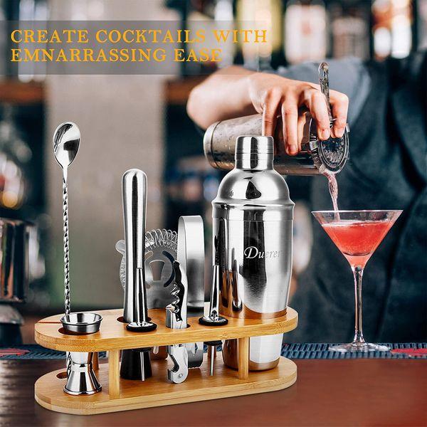 Duerer Bartender Kit with Stand, 11-Piece Cocktail Shaker Set, Bar Tool Set Perfect Drink Mixing - Bar Tools: Martini Shaker, Jigger, Strainer, Mixer Spoon, and More - Best Bartender Kit for Beginners 1
