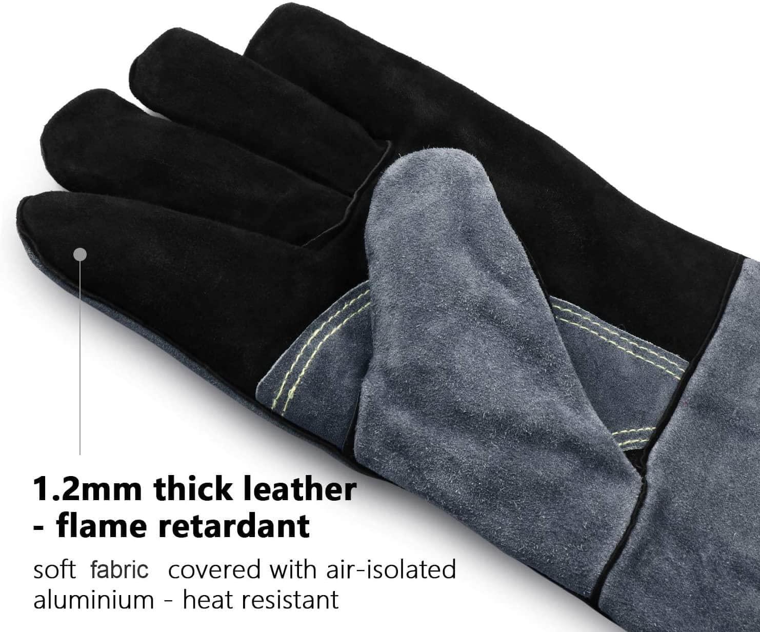 OZERO 932°F Heat Resistant Welding Gloves 16 inches Cowhide Leather - Long Sleeve and Insulated Lining BBQ Glove for Tig Welder/Mig/Grill/Barbecue/Green Egg/Stove Black-gray 3