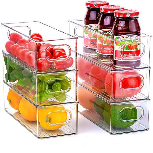 Rongbaor Fridge Organisers Set of 6,Refrigerator Storage Box Stackable Fridge Storage Containers with Handles Clear Kitchen Cupboard Organiser - BPA Free (6Pack-Medium) (6Pack-Medium)