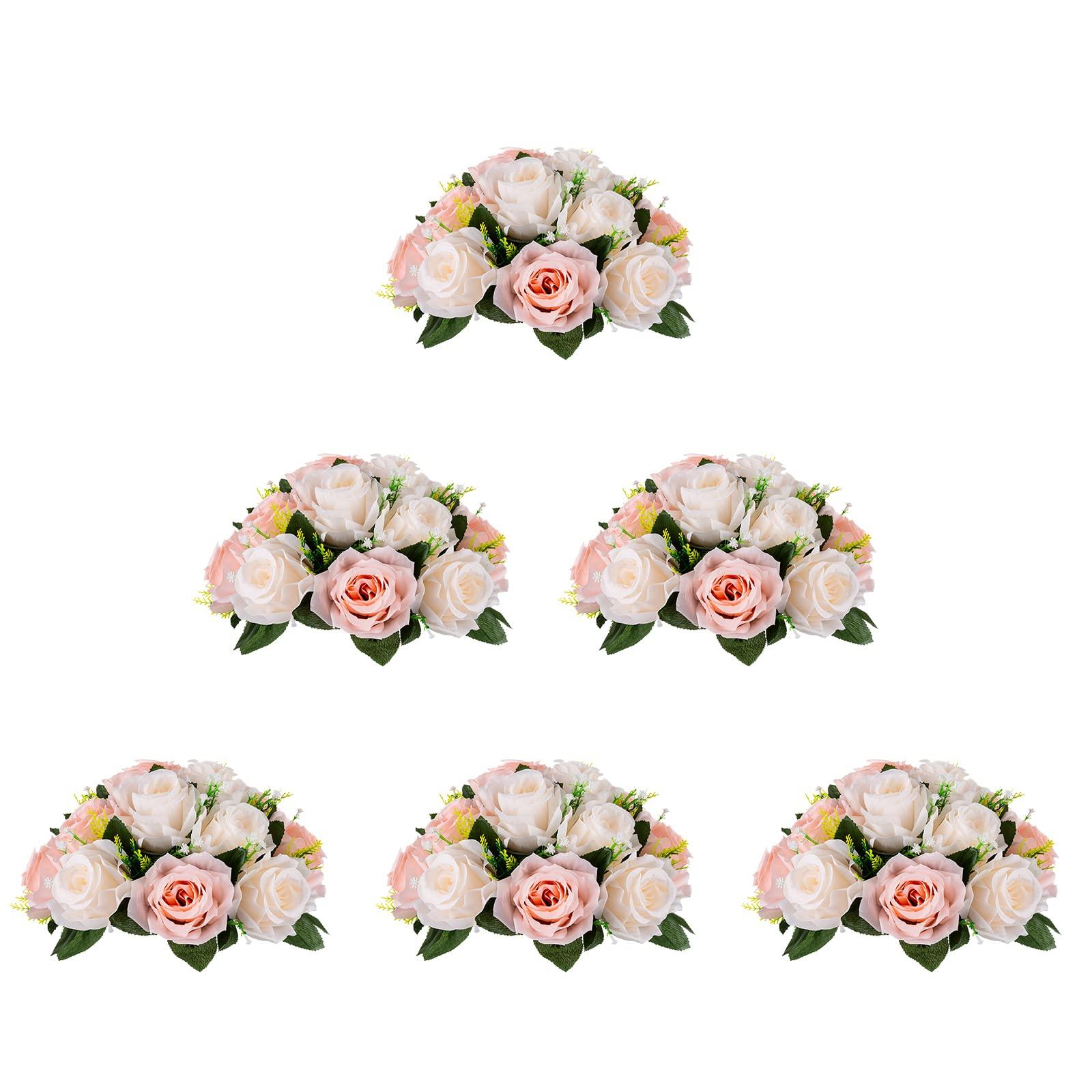 BLOSMON Flower Centerpieces for Tables Wedding Fake Flowers Rose Arrangement 2 Pcs Bouquet Blush & Cream Floral Centerpiece Balls Artificial Wedding Center Pieces of Valentines Day Home Decor