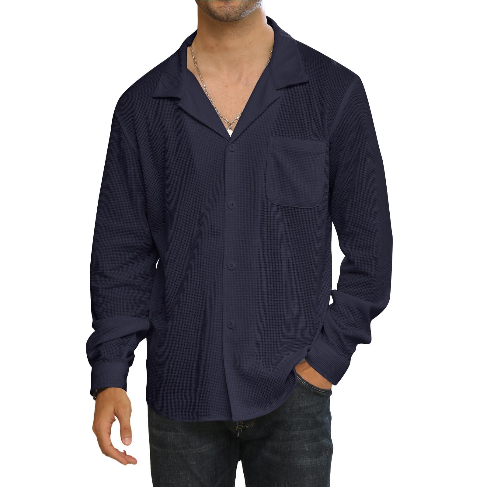 Halfword Men's Long Sleeve Shirt Casual Waffle Shirts Button Down Plain Coat Loose Fit Jacket Top M-3XL Navy 1