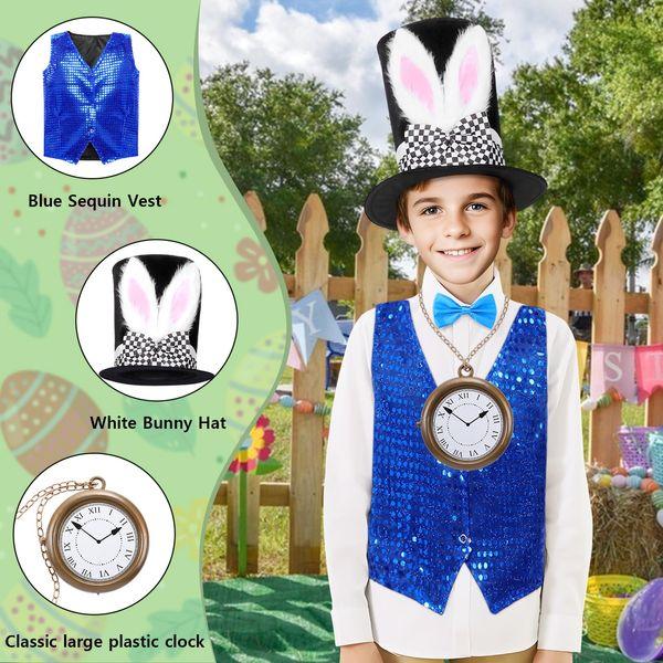 Maryparty Rabbit Costume Kids Easter Bunny Costume Set Blue Sequin Vest Big Clock Rabbit Ears Hat Nose Tail Bow Tie Bunny Costume Accessories for Kids (130) 3