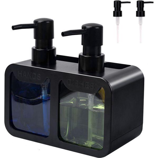 Soap Dispenser with Sponge Holder, Hukunfy Multi-Purpose Liquid Hand and Dish Soap Dispensers Set for Kitchen Sink, 350ml Bottles Capacity with Brush Storage & 2 Pack Pump Replacement (Black)