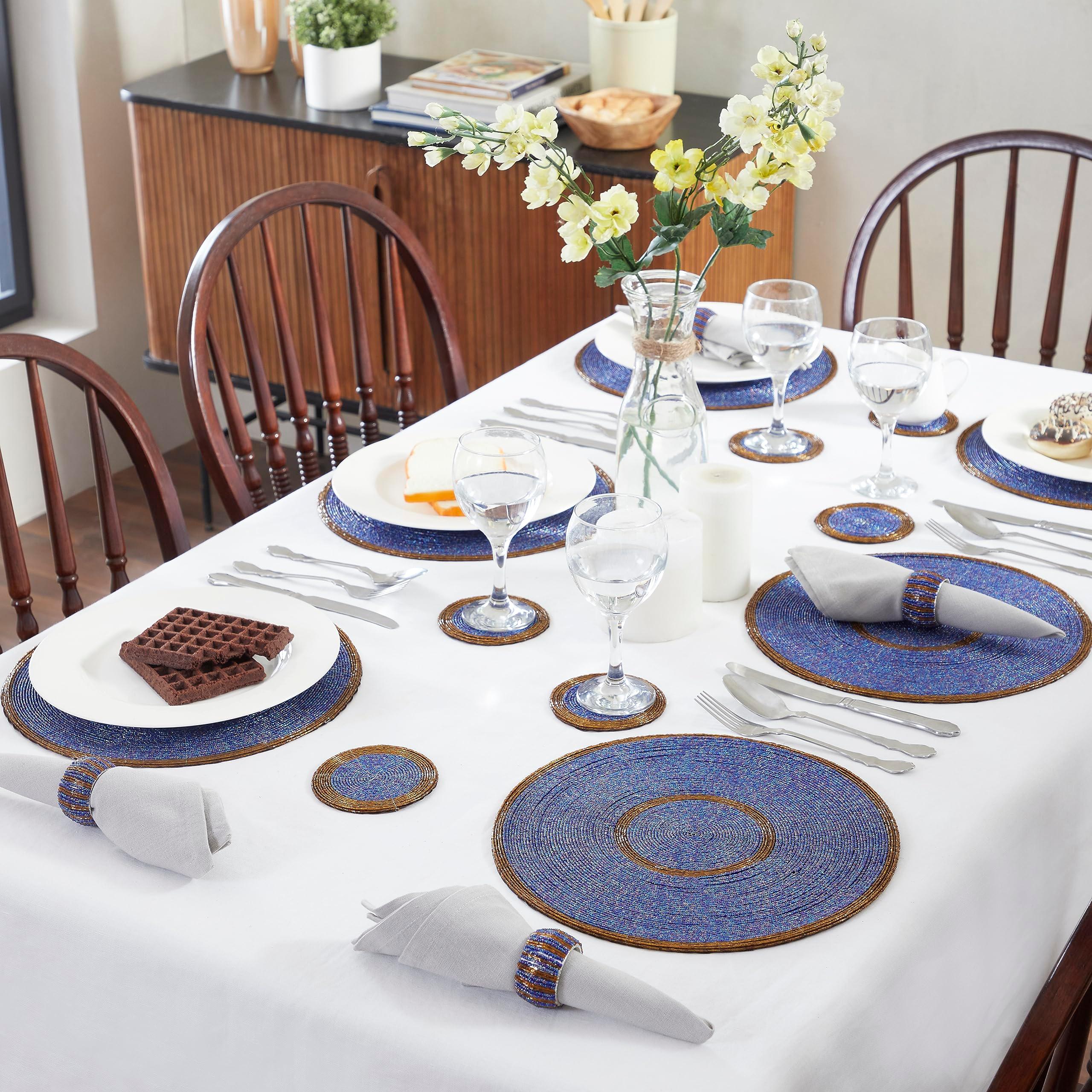 Penguin Home Handcrafted Glass Beaded Round Placemats, Coasters & Napkin Rings Set of 18 - Handmade Table Place Mats for Dining - 32 cm (13") Diameter (Blue and Antique) 2