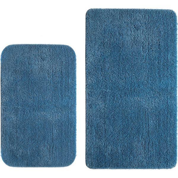 MIULEE Absorbent Bath Mat Set 2 Pieces Non Slip Bath Rug 40x60cm and 50x80cm with High Hydroscopicity Rugs Super Soft Cozy and Shaggy Microfiber Rug for Bathroom Bedroom Kitchen Entrance Blue