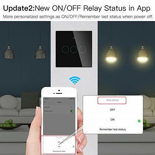 MOES WiFi RF433 Smart Touch Wall Switch No Neutral Wire Needed,Single Fire Smart Switch Smart Life/Tuya App,Compatible with Alexa and Google Home 1 Way Black,3 Gang 2