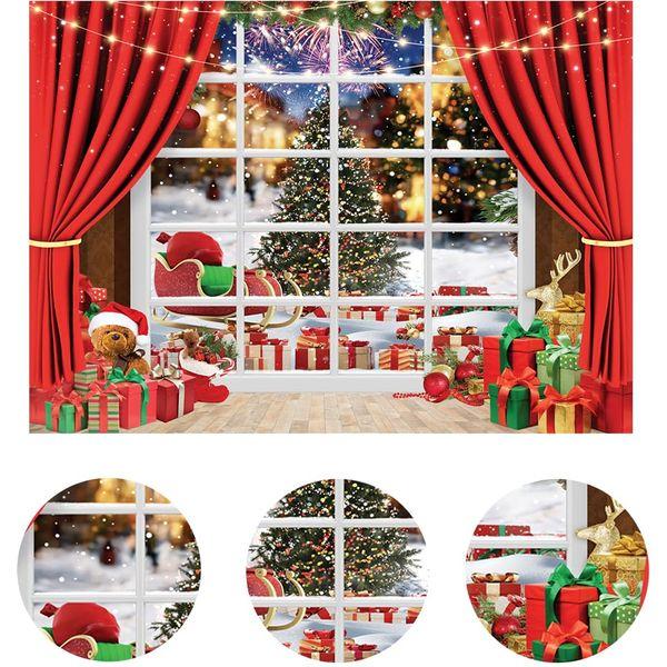 LYWYGG 10x10FT Christmas Backdrop Christmas Tree Gift Box Decoration Red Curtain Window Snowflake Christmas Pendant Wooden Door Snowflake Backdrop Photo Studio Backdrop CP-465-1010 1