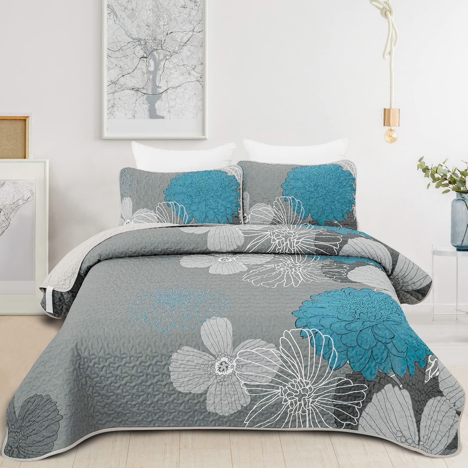 Quilted Bedspread Double Size Black Flowers Bedspread Coverlet Soft Microfiber Quilt Bedding Set with 2 Pillow Cases for All Seasons 230x260cm 0