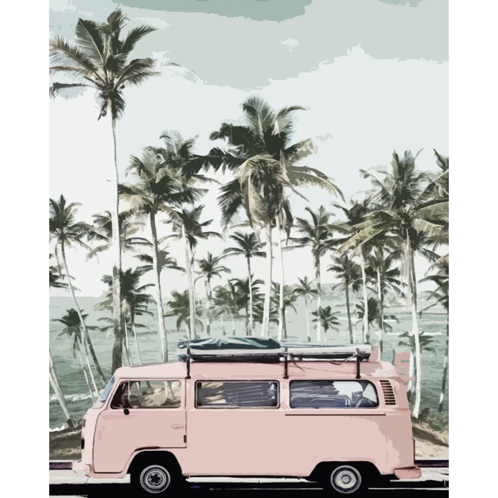 Tucocoo Coastal Scenery Paint by Numbers Kits 16 x 20 inch Canvas DIY Oil Painting for, Students, Adults Beginner with Brushes and Acrylic Pigment - Palm Pink Car Photo (Without Frame) 1