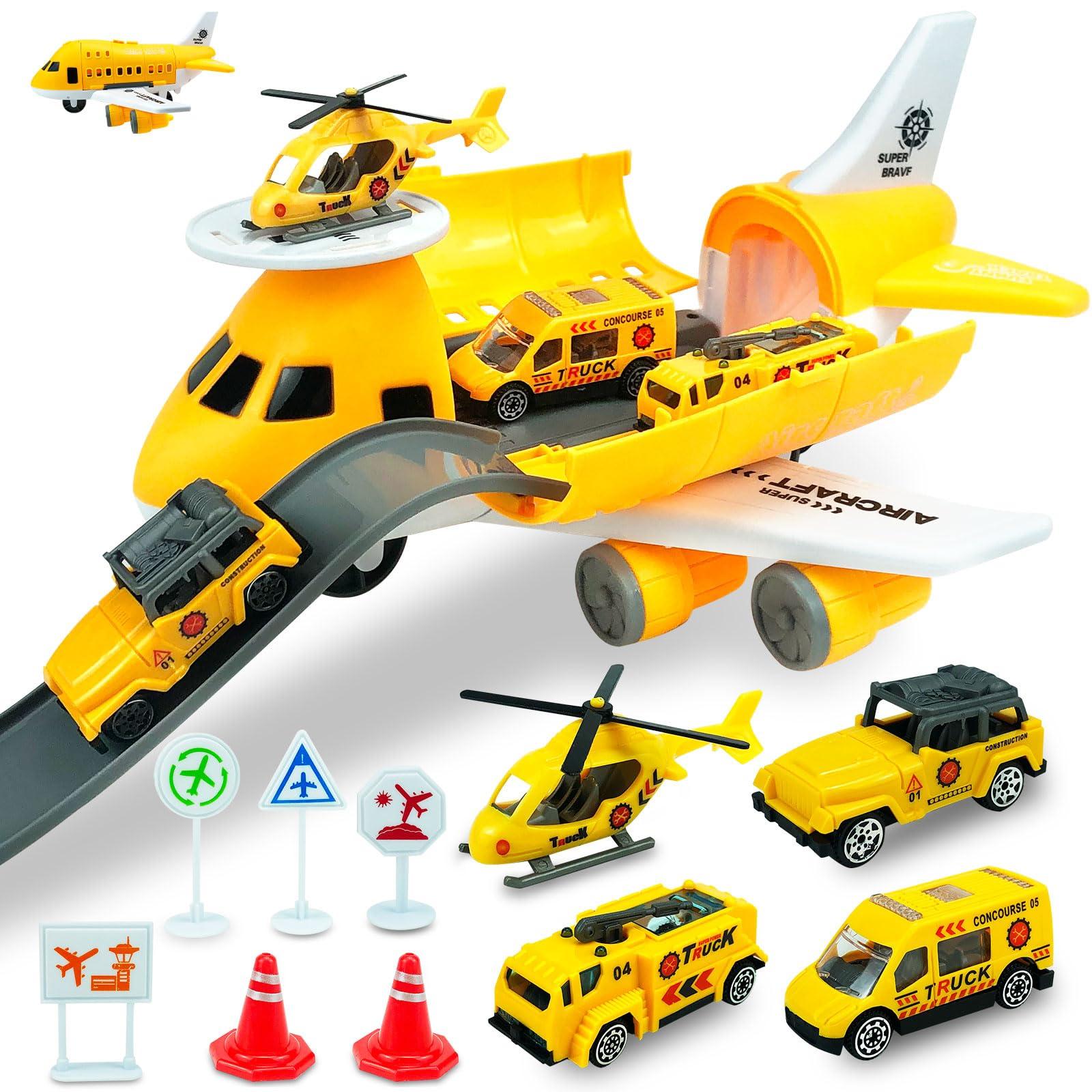 Ynybusi Plane Toy Transport Cargo Airplane Toys for 2 3 4 5 6 Year Old Boys Girls,Kids Aircraft Playsets with 1 Helicopter & 3 Construction Cars & 6 Road Signs