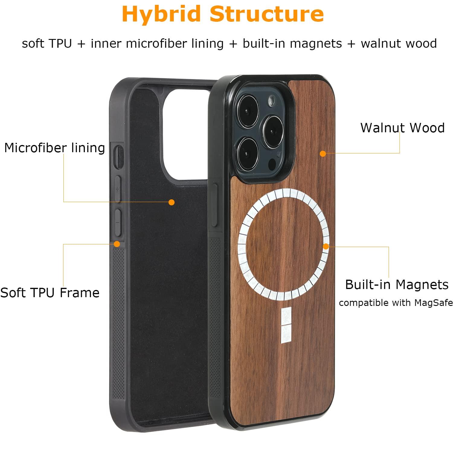 molzar Grip Series Magnetic Case for iPhone 13 Pro with Walnut Wood, Built-in Magnet Ring, Compatible with MagSafe Chargers and Accessories, 6.1-inch, Black/Walnut Wood 1