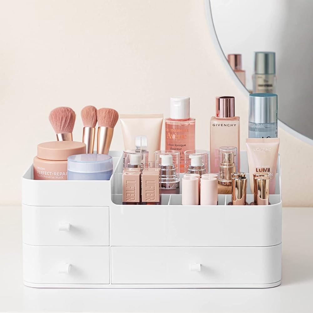 Makeup Organiser With Drawers White Cosmetic Skincare Organisers With 12 Slots Lipstick Organisers Makeup Storage Box for Desktop Bathroom Gifts For Women 33.5 * 20.5 * 14.5CM