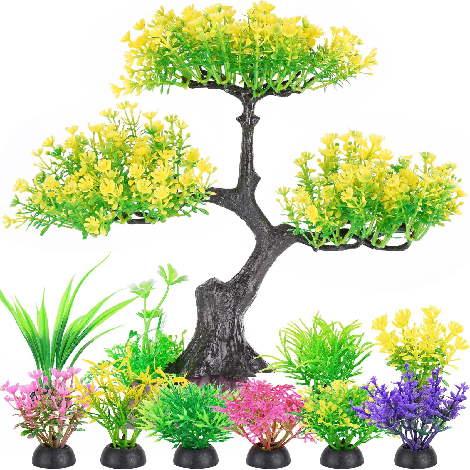 Borlech Aquarium Plastic Plants Artificial Decorations, Large Fish Tank Fake Tree Plant Decor Ornaments Accessories (Yellow)