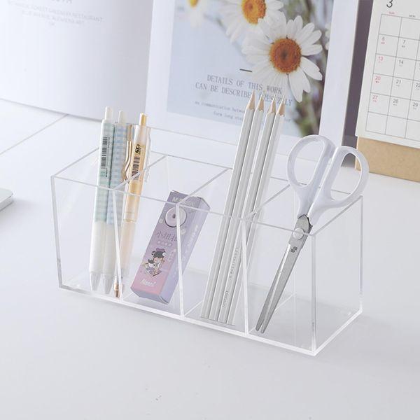 Catekro Acrylic Desk Organizer, Transparent Storage Box Four-Grid Classification Sorting Pen Holder Hand-Held Display Stand Makeup Brush Lipstick Desktop Storage 0