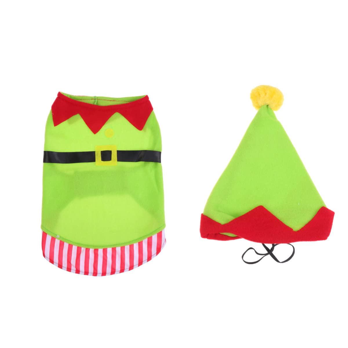 Happyyami Dog Cat Christmas Elf Costume with Hat Puppy Xmas Outfit Apparel Pet Holiday Clothes for Small Medium Dogs Cats Pets