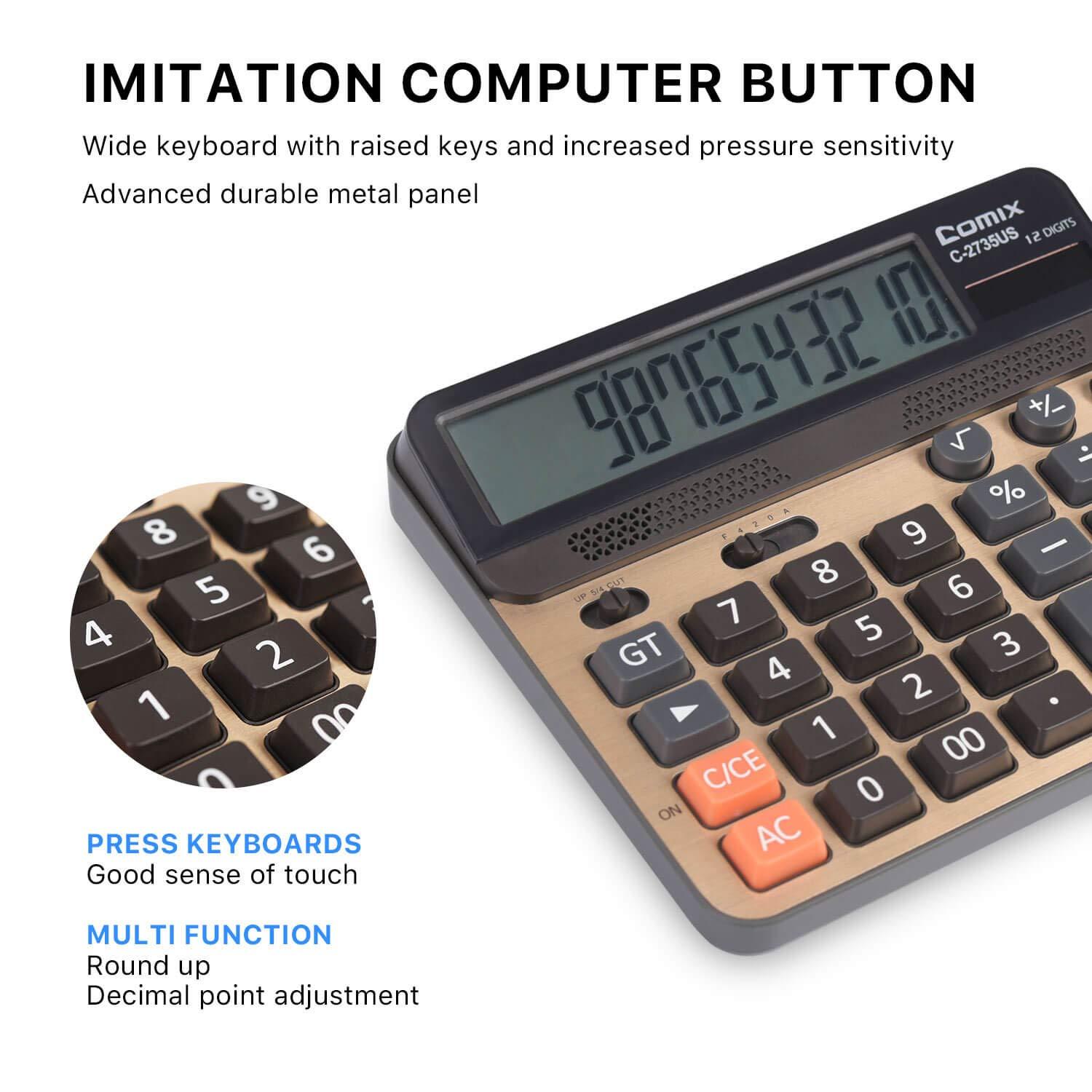 Calculator 12 Digits LCD Display Standard Function Desk Calculators with Large Computer Keys Dual Powered Solar Office Calculator Champaign Gold Color Panel for Handheld for Daily and Office (Golden) 4