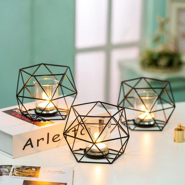 Romadedi Candle Holders Gold Geometric Decor - Tealight Holder for Tea Lights Decorative Candle Stand Accents for Home Table Shelf Mantel Modern Geo Decoration, Wedding Reception Décor, Black, 6pcs 1