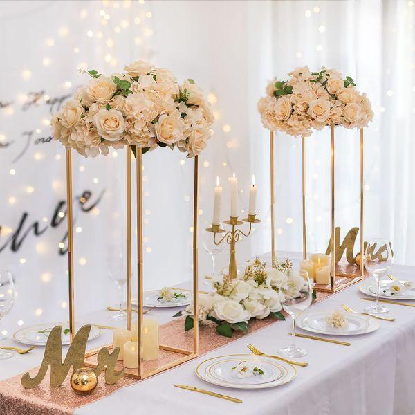 Sziqiqi Gold Metal Vase for Wedding Centerpieces Tables - Geometric Floor Vases for Flower Stand Centerpiece Stands Rectangular Flower Arrangement Display Rack for Weddings Birthday Decoration, 60cm 1