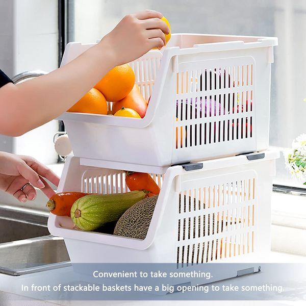 2 Tier Stacking Stand Basket,BAFFECT® Stacking Baskets Storage Veg Rack Plastic Stackers Storage Rack with Wheels for Bathroom Living Room Kitchen Vegetable Fruit Food Storage (White) 3