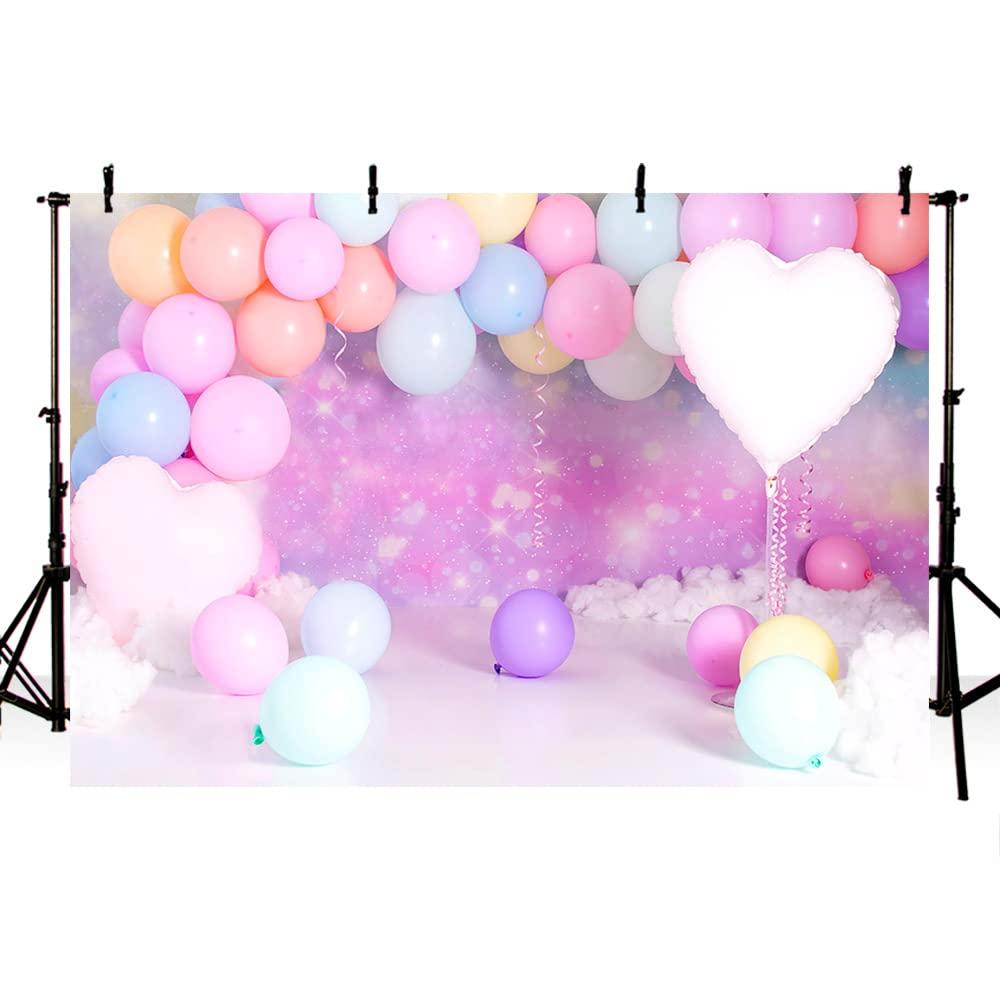 MEHOFOND 7x5ft Rainbow Cloud Colorful Balloons Girl Birthday Photography Backdrop Love Heart Pastel Background Party Banner Cake Smash Table Decoration Baby Shower Portrait Photo Studio Props 0