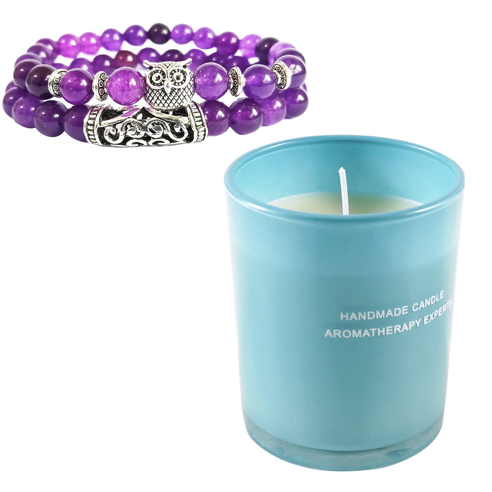 Soulnioi Scented Candle Soy Candle Aromatherapy Candle with 35 Hours Burn Time for Home Fragrance Stress Relief (Grape Scent), 2pc Amethyst Eye Lava Stone Round Bead Bracelet 0