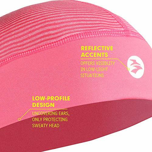 EMPIRELION Low-Profile Cooling Cycling Helmet Liner, Summer Moisture Wicking Skull Cap for hard hat, Running Beanie Sun Protection, Comfortable Working cap (Black Strips+Coral) 2