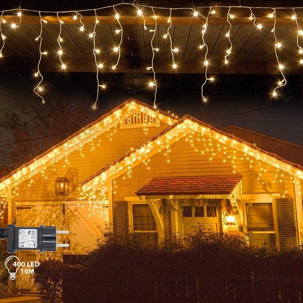 EUKSRH Outdoor Icicle Lights Christmas Decorations, 10m with 400 LED 8 Modes, 3 Pin UK Plug Adapter, Wave String Lights Icicle Curtain Light,Waterproof Festival Lighting, Christmas Decoration