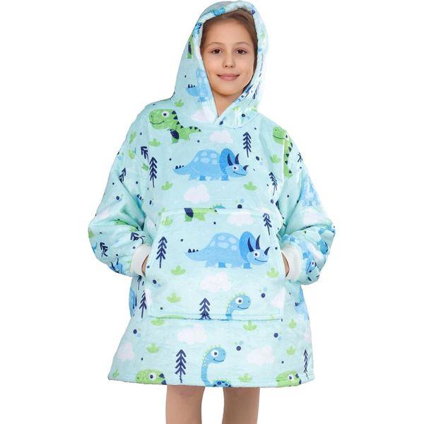 Queenshin Dionsaur Wearable Blanket Hoodie,Oversized Sherpa Comfy Sweatshirt for Kids Girls Boys 7-16 Years,Warm Cozy Animal Hooded Body Blanket Green 0