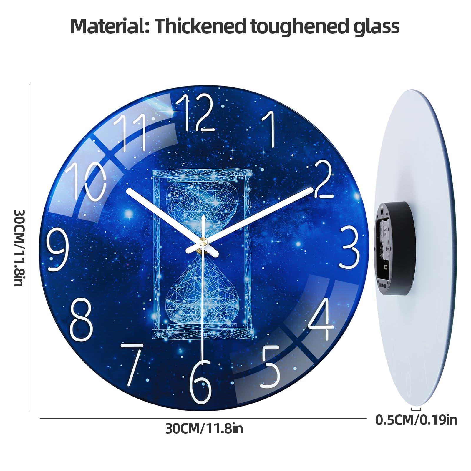 Warmiehomy Modern Glass Wall Clock 12 Inch Kitchen Wall Clocks Time Hourglass Pattern Decorative Wall Clocks for Living Room Battery Operated Silent Small Frameless Wall Clock for Bedroom Home Decor 1