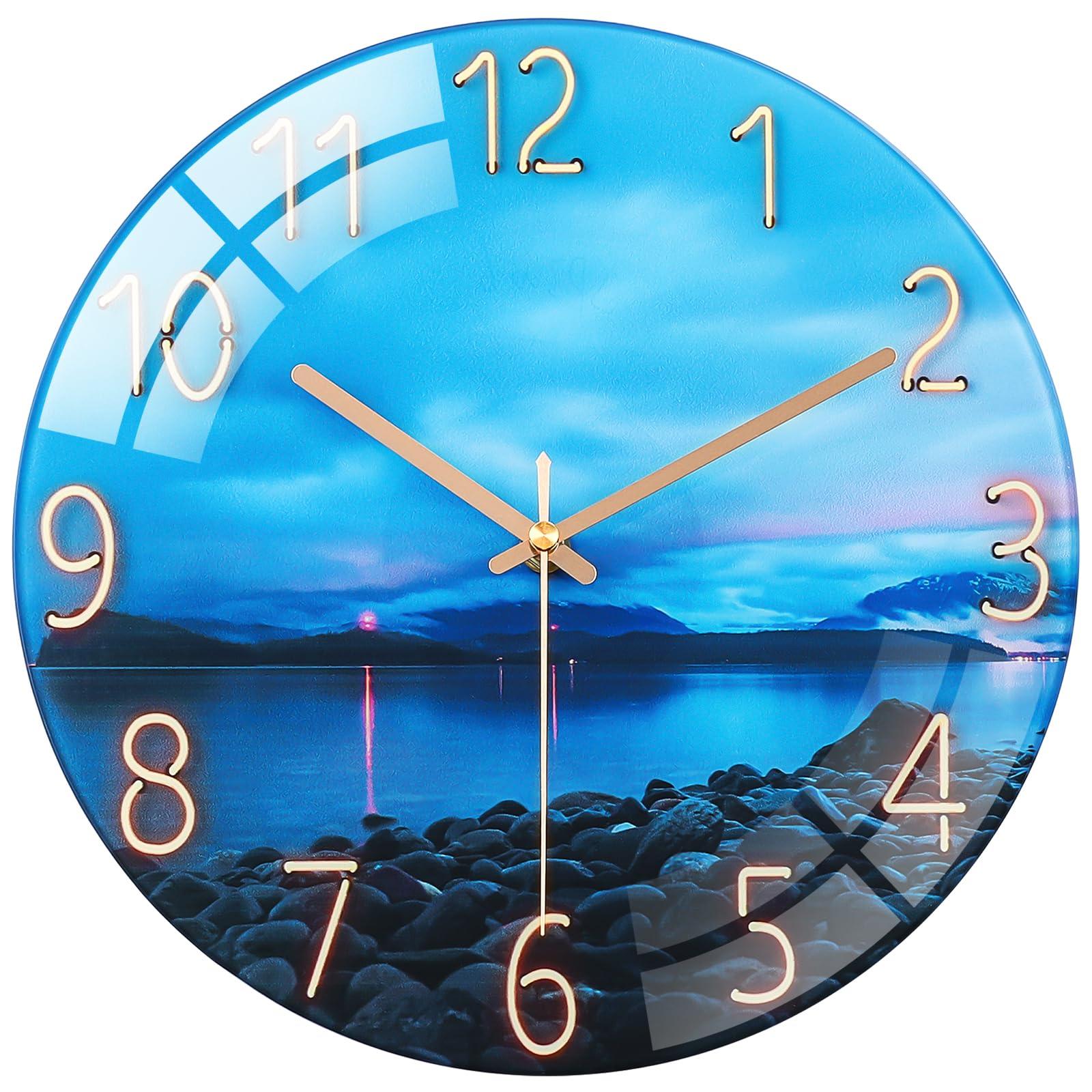 Warmiehomy Modern Glass Wall Clock 12 Inch Kitchen Wall Clocks Seaside Reef Pattern Decorative Wall Clocks for Living Room Battery Operated Silent Small Frameless Wall Clock for Bedroom Home Decor 0