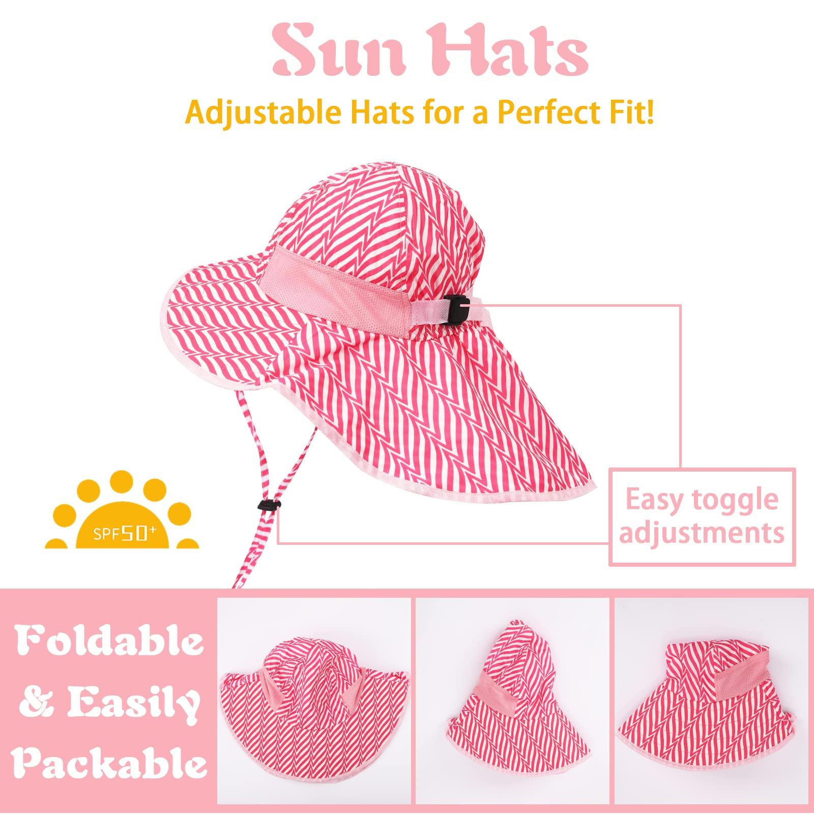 GLAITC Sun Hat Kids, Summer Cap with Neck Flap Adjustable Girls Boys Sun Hat UV Protection Beach Hat with Chin Straps Wide Brim Summer Visor Cap for Baby Toddler and Kids, 3-10 Years (Pink) 2