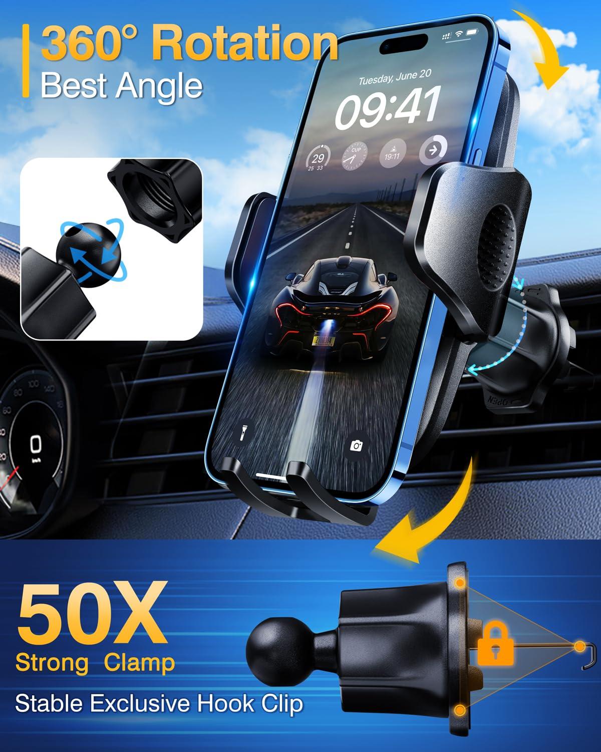 ALENORA Car Vent Phone Holder,【Military-Grade Hook Clip & Thick Cases Friendly】 Car Phone Holder Mount for Cars 360° Rotation, Air Vent Holder Compatible for ALL 4.0 to 7.0 Inches Phones 3